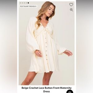 Pink Blush Beige Crochet Lace Button Front Maternity Dress. Small